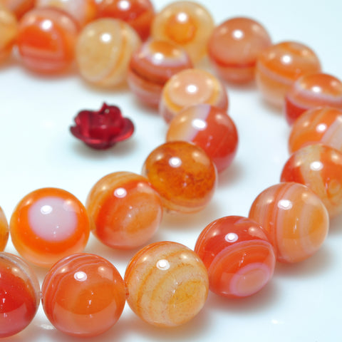 Natural Banded Agate smooth round loose beads orange red agate gemstone wholesale jewelry making 15"