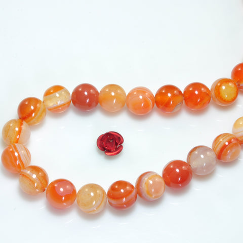 Natural Banded Agate smooth round loose beads orange red agate gemstone wholesale jewelry making 15"