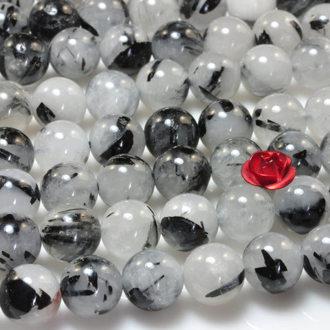 YesBeads Natural Black Rutilated Quartz smooth round beads gemstone 15"