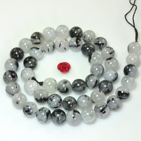 YesBeads Natural Black Rutilated Quartz smooth round beads gemstone 15"