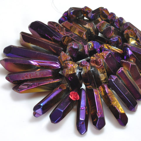 Quartz crystal points titanium coated mystic purple  top drilled smooth spike tower stick beads 15"