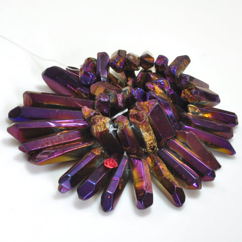Quartz crystal points titanium coated mystic purple  top drilled smooth spike tower stick beads 15"