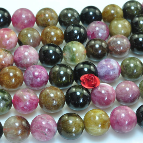 YesBeads Natural watermelon tourmaline gemstone smooth round loose beads wholesale jewelry making 15"