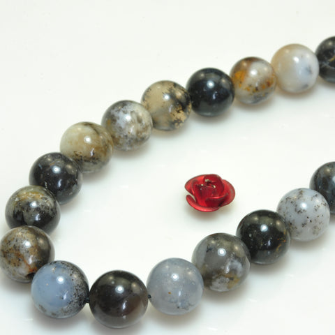 YesBeads Natural Black Moss Opal smooth round beads gemstone wholesale jewelry 15"
