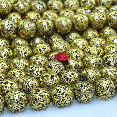 YesBeads Gold plated lava stone matte round loose beads gemstone 8mm 10mm 15"