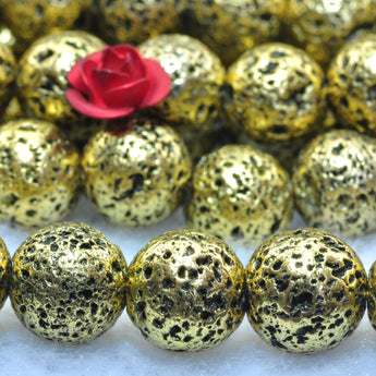 YesBeads Gold plated lava stone matte round loose beads gemstone 8mm 10mm 15"