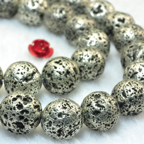 YesBeads  Silver Lava stone antique silver plated matte round lava beads gemstone 10mm 15"