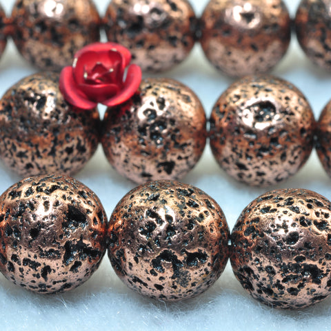 YesBeads Red Bronze Lava stone antiqued copper plated matte round lava beads 10mm 15"