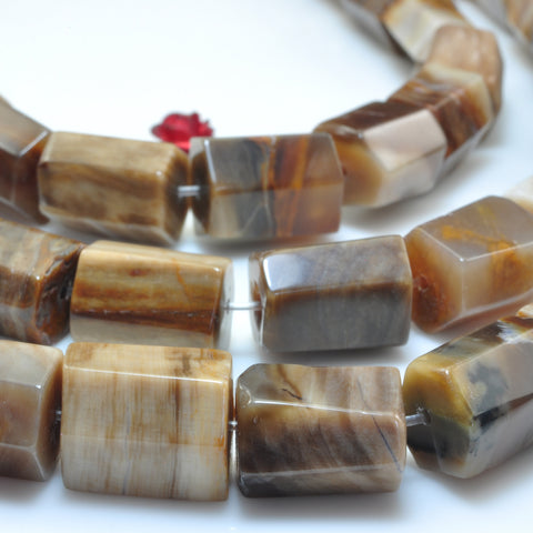 YesBeads Natural Petrified Wood jasper faceted tube nugget beads gemstone 15"
