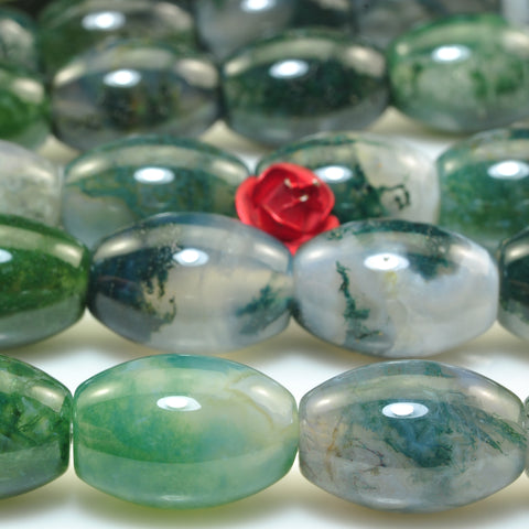 Natural green Moss Agate smooth rice beads gemstone 10x14mm 15"