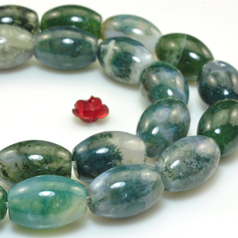 Natural green Moss Agate smooth rice beads gemstone 10x14mm 15"