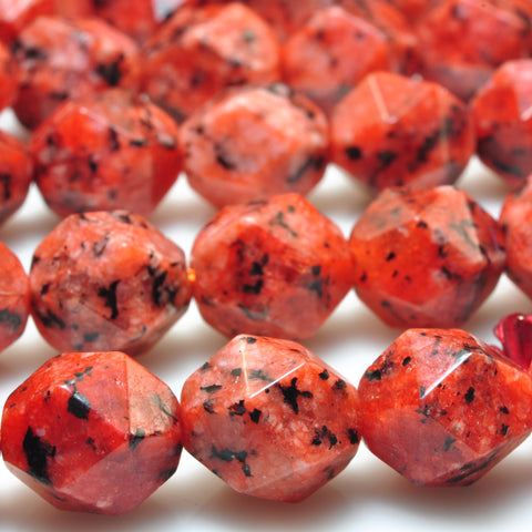 YesBeads Black Dot Red Jade star cut faceted nugget beads gemstone 10mm 15"