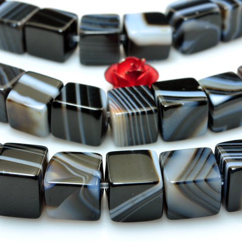YesBeads Natural Black Banded Agate smooth square cube beads loose gemtone wholesale jewelry making bracelet diy stuff