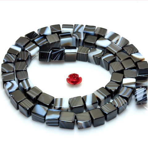 YesBeads Natural Black Banded Agate smooth square cube beads loose gemtone wholesale jewelry making bracelet diy stuff
