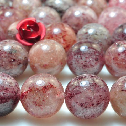 YesBeads Natural strawberry quartz smooth round loose beads lepidocrocite quartz gemstone wholesale jewelry making 6mm-10mm 15"