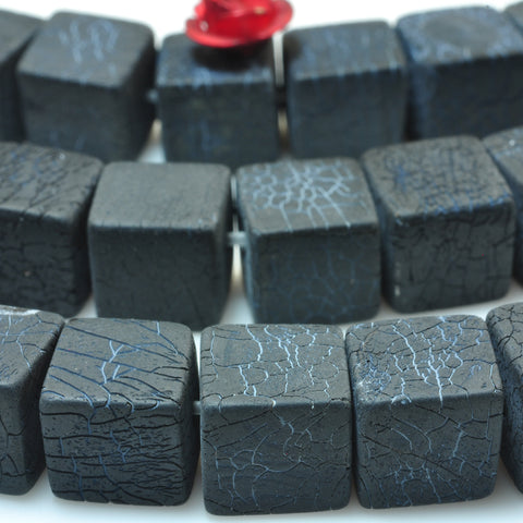 YesBeads Black Fire Agate crackle frosted matte square cube beads wholesale gemstone jewelry 15"