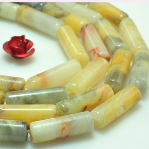 YesBeads Natural Crazy Lace Agate Mexican yellow gemsotne smooth tube beads 4x13mm 15"