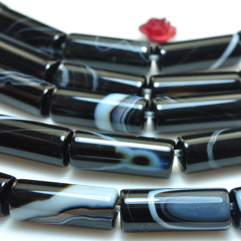 YesBeads Black Banded Agate smooth tube beads gemstone 6x16mm 15"