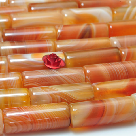 YesBeads Natural Red Banded Agate smooth tube beads wholesale gemstone 8x20mm 15"
