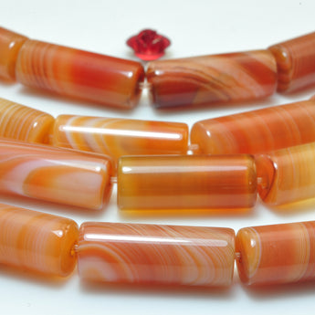 YesBeads Natural Red Banded Agate smooth tube beads wholesale gemstone 8x20mm 15"