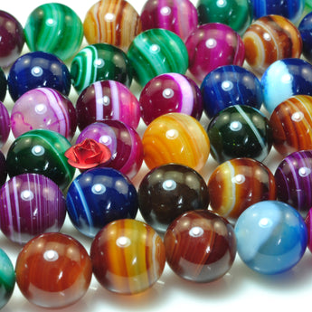 YesBeads Rainbow Banded Agate mix color gemstone smooth round beads wholesale 15"