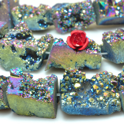 YesBeads Rainbow Druzy Quartz titanium coated raw rough flat back nugget beads gemstone 15.5"