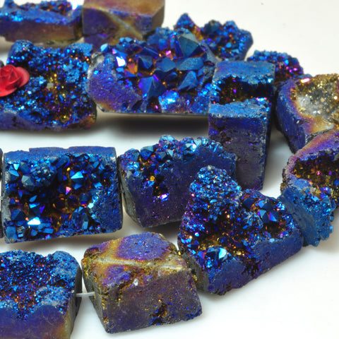 YesBeads Blue Druzy Quartz titanium coated raw rough flat back nugget beads gemstone 15.5"