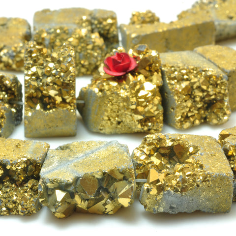 YesBeads Gold Druzy Quartz titanium coated raw rough flat back nugget beads gemstone 15.5"