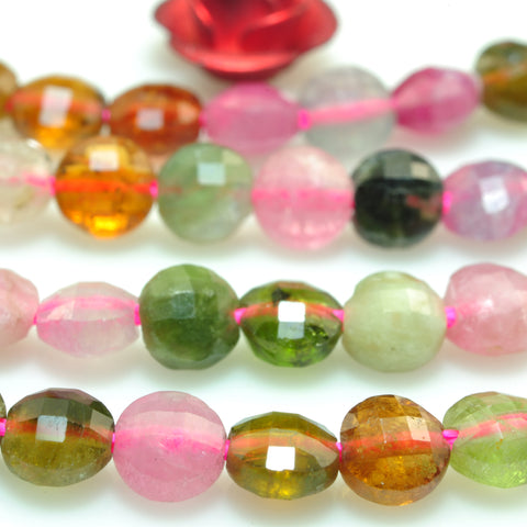 YesBeads Natural Watermelon Tourmaline gemstone micro faceted coin loose beads wholesale jewelry making 4mm 15"