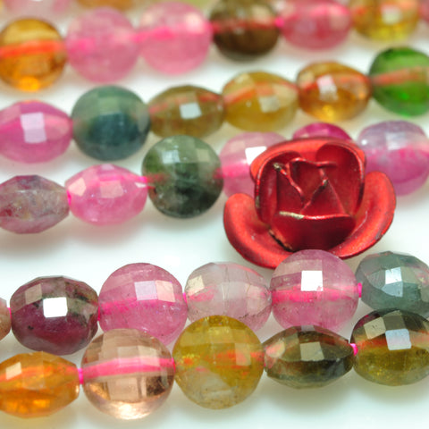 YesBeads Natural Watermelon Tourmaline gemstone micro faceted coin loose beads wholesale jewelry making 4mm 15"