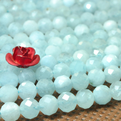 YesBeads Natural Aquamarine gemstone faceted round loose beads wholesale jewelry making 15"