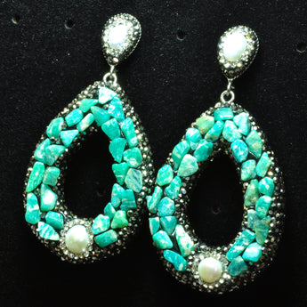 YesBeads Earrings Amazonite chips pearl bead rhinestone crystal pave stud dangle earrings drop shape whoelesale jewelry