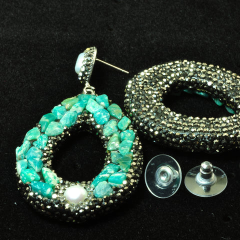 YesBeads Earrings Amazonite chips pearl bead rhinestone crystal pave stud dangle earrings drop shape whoelesale jewelry