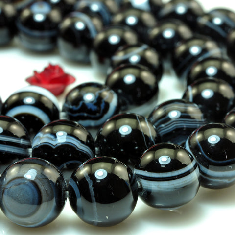 YesBeads Natural black banded agate smooth round loose beads black eye agate gemstone wholesale jewelry making 8mm 10mm 15"