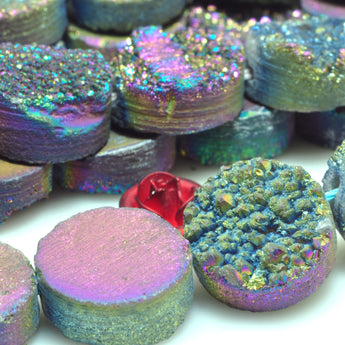 YesBeads Druzy Quartz titanium rainbow rough flat back coin beads gemstone jewelry 7.5"