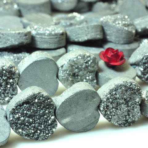 YesBeads Druzy Quartz titanium silver rough flat back heart beads gemstone jewelry 7"