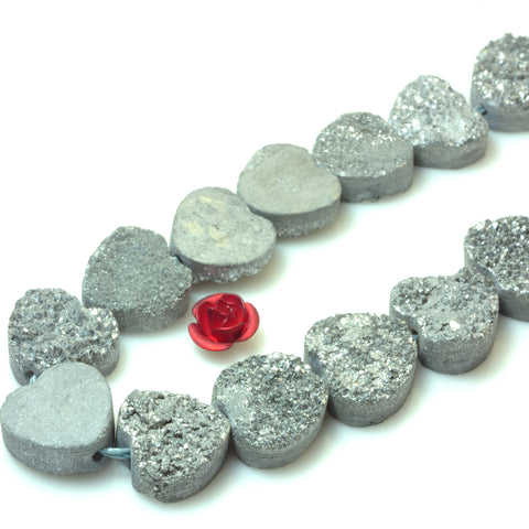 YesBeads Druzy Quartz titanium silver rough flat back heart beads gemstone jewelry 7"