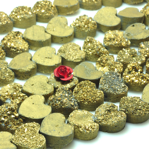YesBeads Druzy Quartz titanium gold rough flat back heart beads gemstone jewelry 7"
