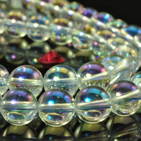 Titanium Clear Rock Crystal AB color clear quartz smooth round beads wholesale gemstone for jewelry making DIY bracelet necklace 15"