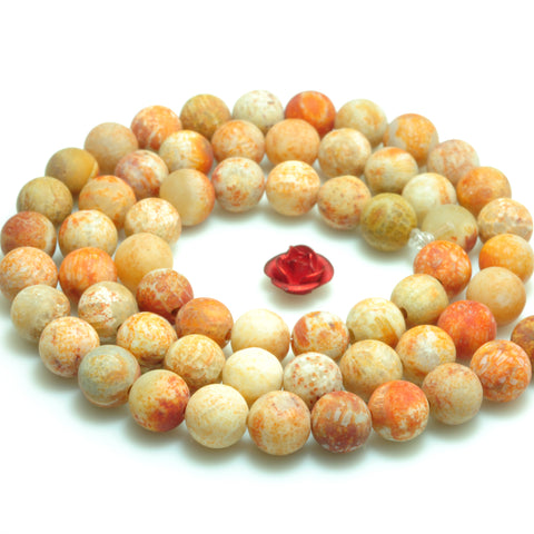 YesBeads Natural Fossil Coral Jasper matte round beads gemstone wholesale jewelry 15"