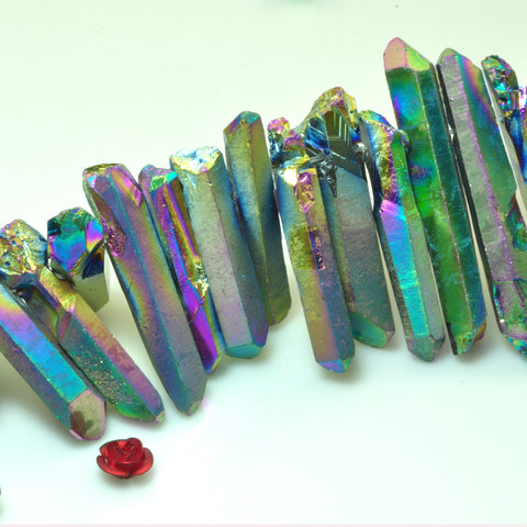 Quartz crystal points titanium coated mystic rainbow rough gemstone matte spike tower beads 15"