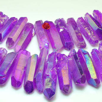 Quartz crystal points titanium coated purple mystic AB rough matte spike tower stick beads 15"