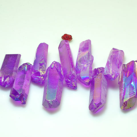 Quartz crystal points titanium coated purple mystic AB rough matte spike tower stick beads 15"