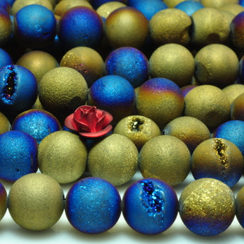 YesBeads Druzy Agate titanium coated blue yellow agate matteloose  round beads wholesale gems 15''