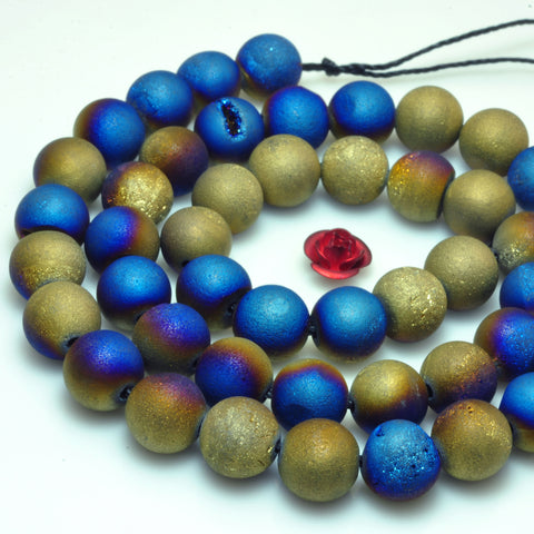 YesBeads Druzy Agate titanium coated blue yellow agate matteloose  round beads wholesale gems 15''
