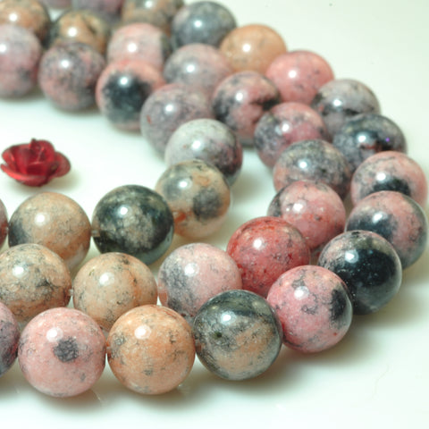 YesBeads Black Pink Rhodonite smooth round beads gemstone wholesale jewelry making supplies 15"