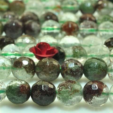 YesBeads natural green Phantom Quartz Crystal faceted round loose beads wholesale gemstone jewelry making 15"