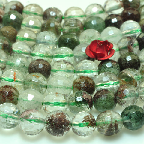 YesBeads natural green Phantom Quartz Crystal faceted round loose beads wholesale gemstone jewelry making 15"