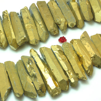 YesBeads Quartz crystal points titanium coated gold rough matte spike tower beads gemstone wholesale jewelry 15"