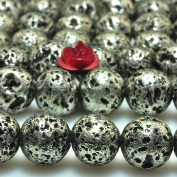 YesBeads Antique silver plated  Lava stone matte round loose beads 8mm 15"